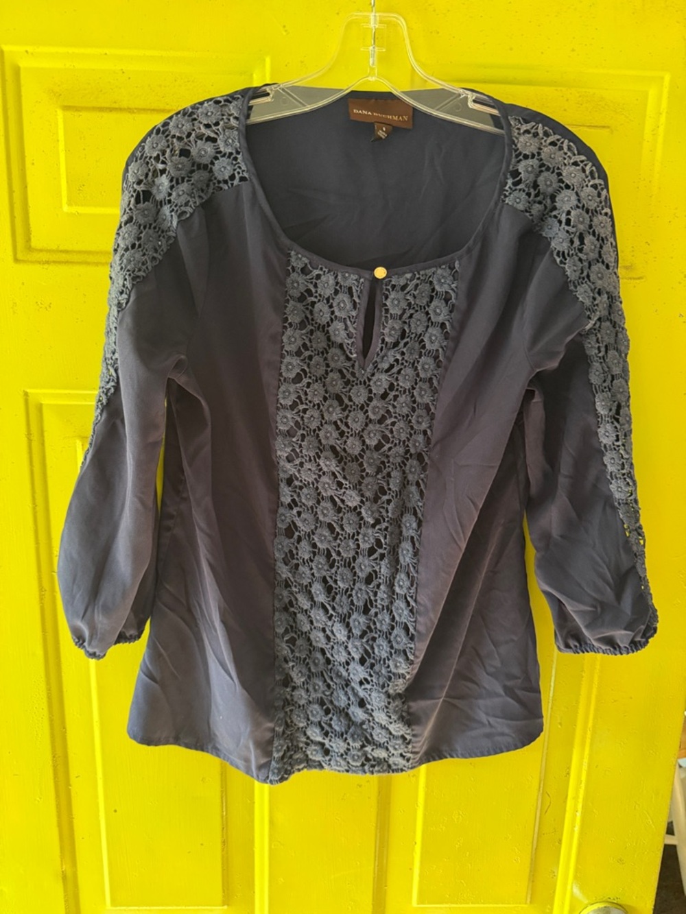 Dana Buchman Navy Crochet-Front Peasant Blouse